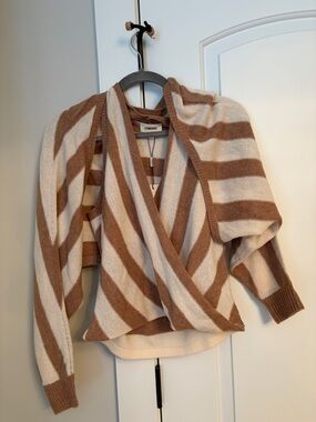 L'AGENCE Cream and Brown Striped Wrap V-Neck Sweater